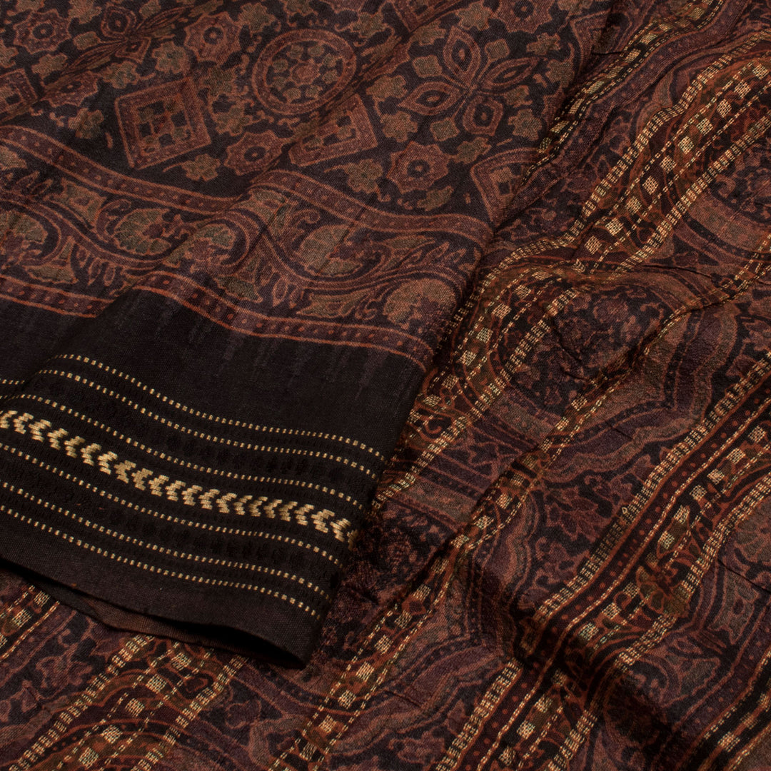 Ajrakh Printed Tussar Silk Saree with Geometric Motifs, Floral Motifs and Stripes Borde