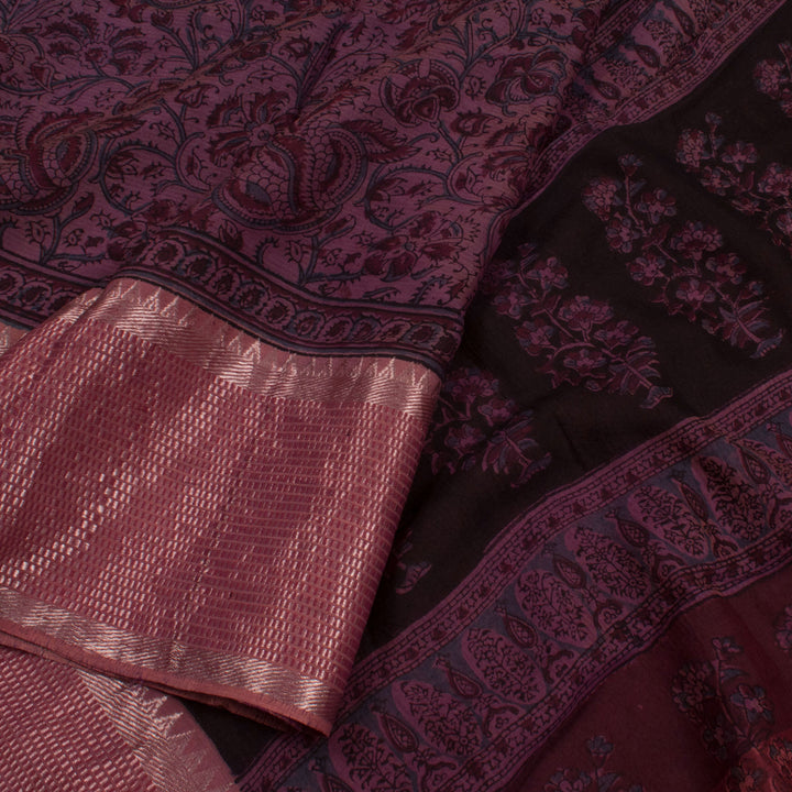 Ajrakh Printed Silk Cotton Saree with Floral Motifs and Zari Border 