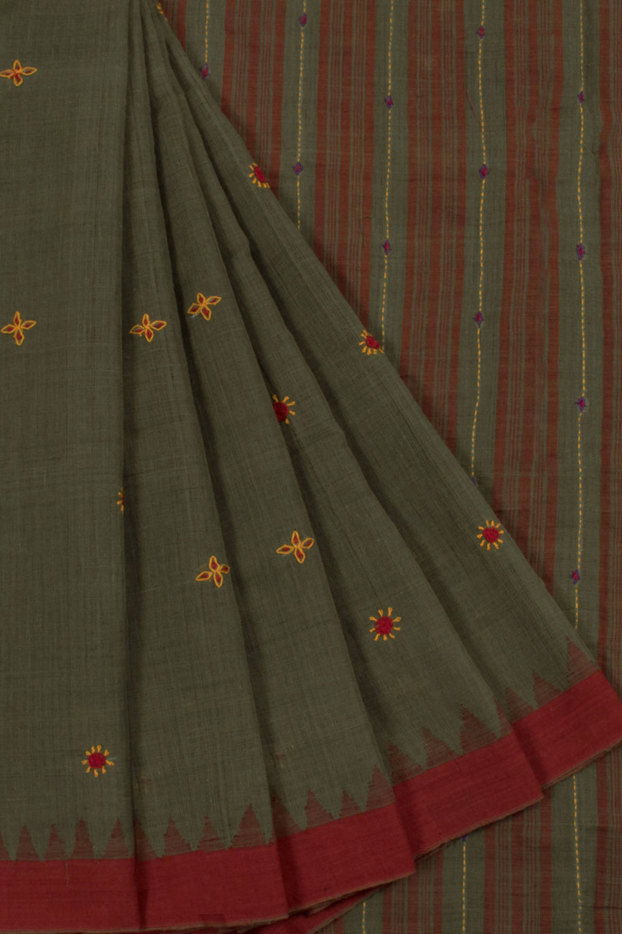Handloom Natural Dye Khadi Cotton Saree with Floral Embroidery and Contrast Temple Border