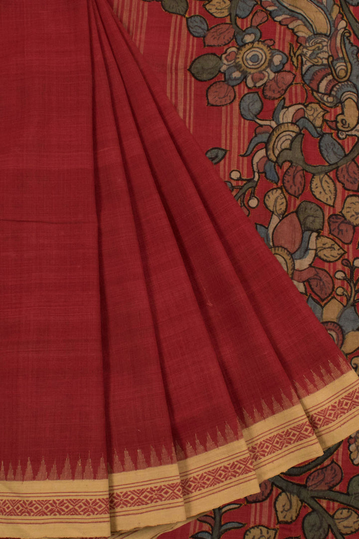Handloom Natural Dye Khadi Cotton Saree with Kalamkari Applique Embroidered Pallu