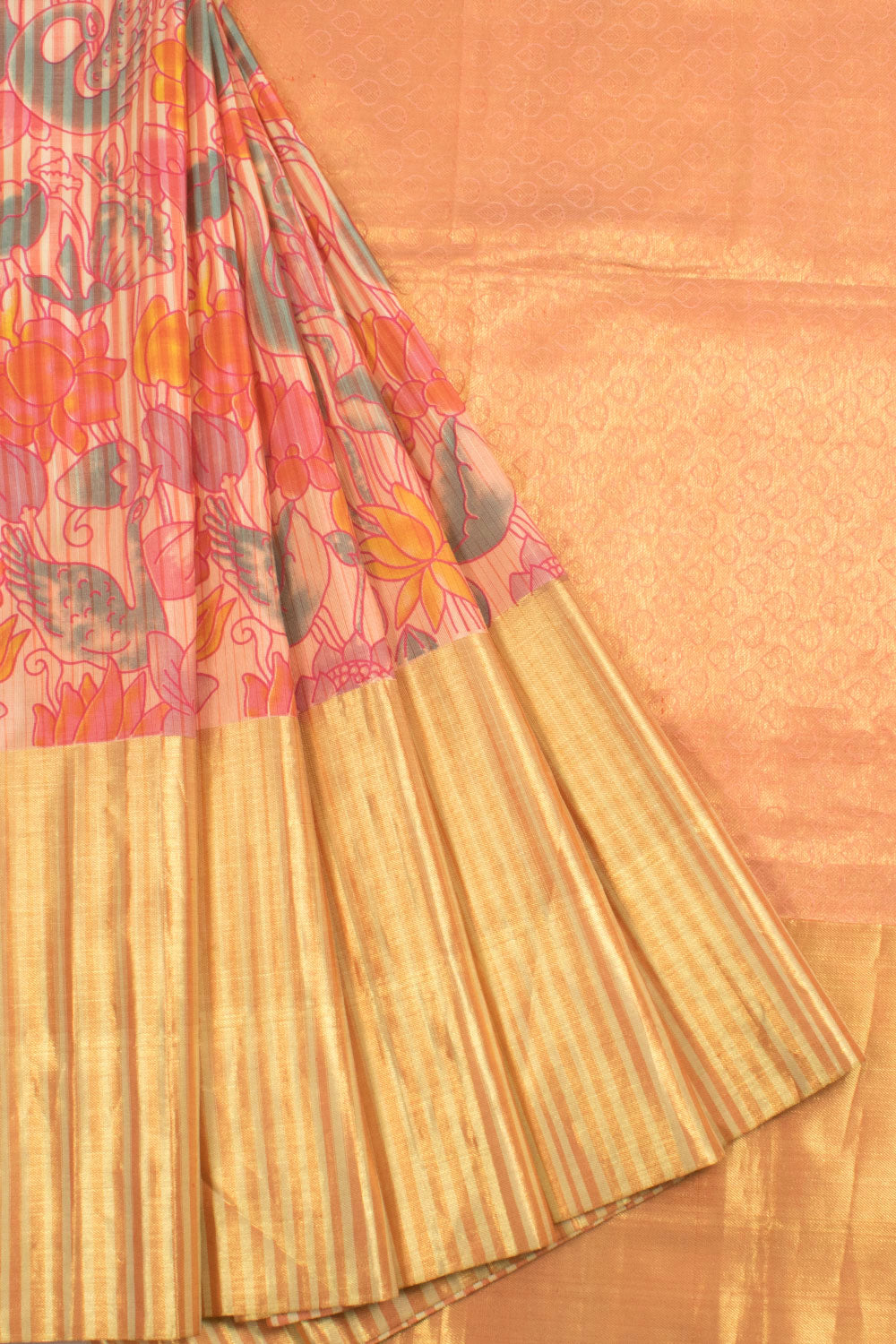 Handloom Dharmavaram Silk Saree with Floral, Swan Printed Design and Zari Border, Pallu