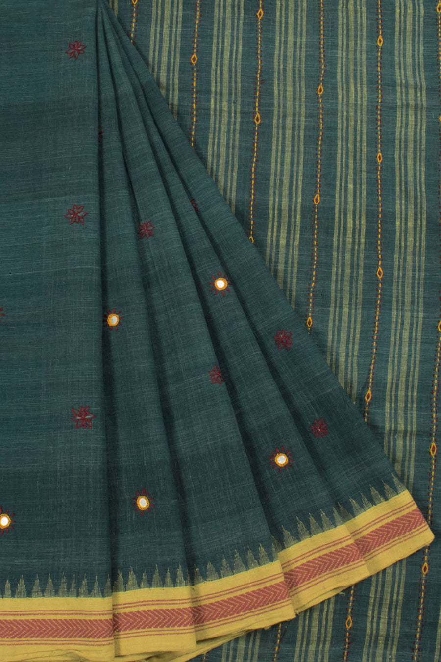 Handloom Natural Dye Khadi Cotton Saree with Mirror Work Embroidery and Temple Border