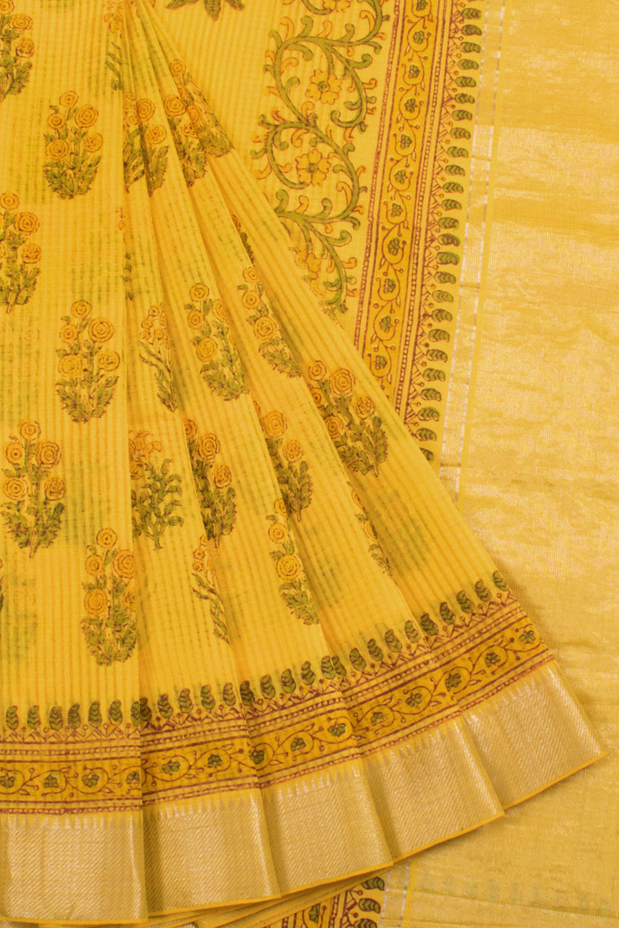 Hand Block Printed Mangalgiri Silk Cotton Saree with Missing Weave Design and Floral Motifs 