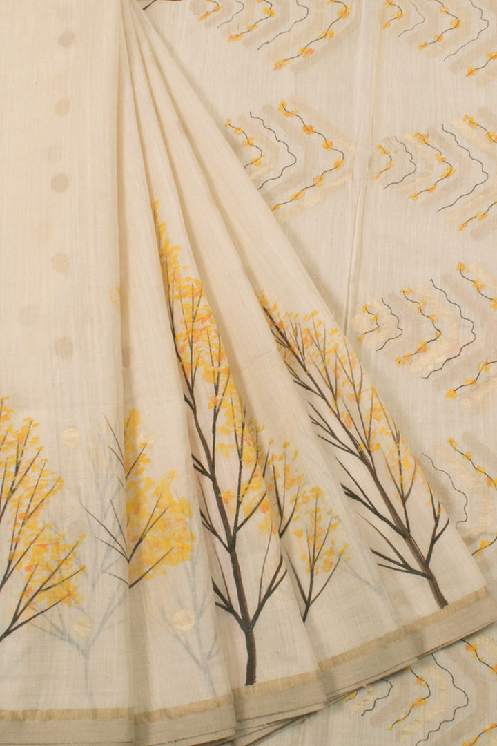 Hand Painted Khadi Tussar Cotton Saree with Polka Dot Zari Motifs and Tree Design Border