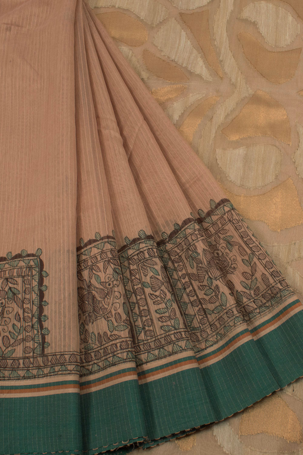 Hand Painted Madhubani Silk Cotton Saree with Self Stripes Design and Geecha, Zari Pallu