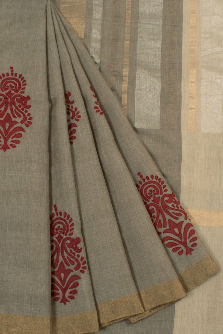 Applique Embroidered Tussar Silk Saree with Floral Motifs