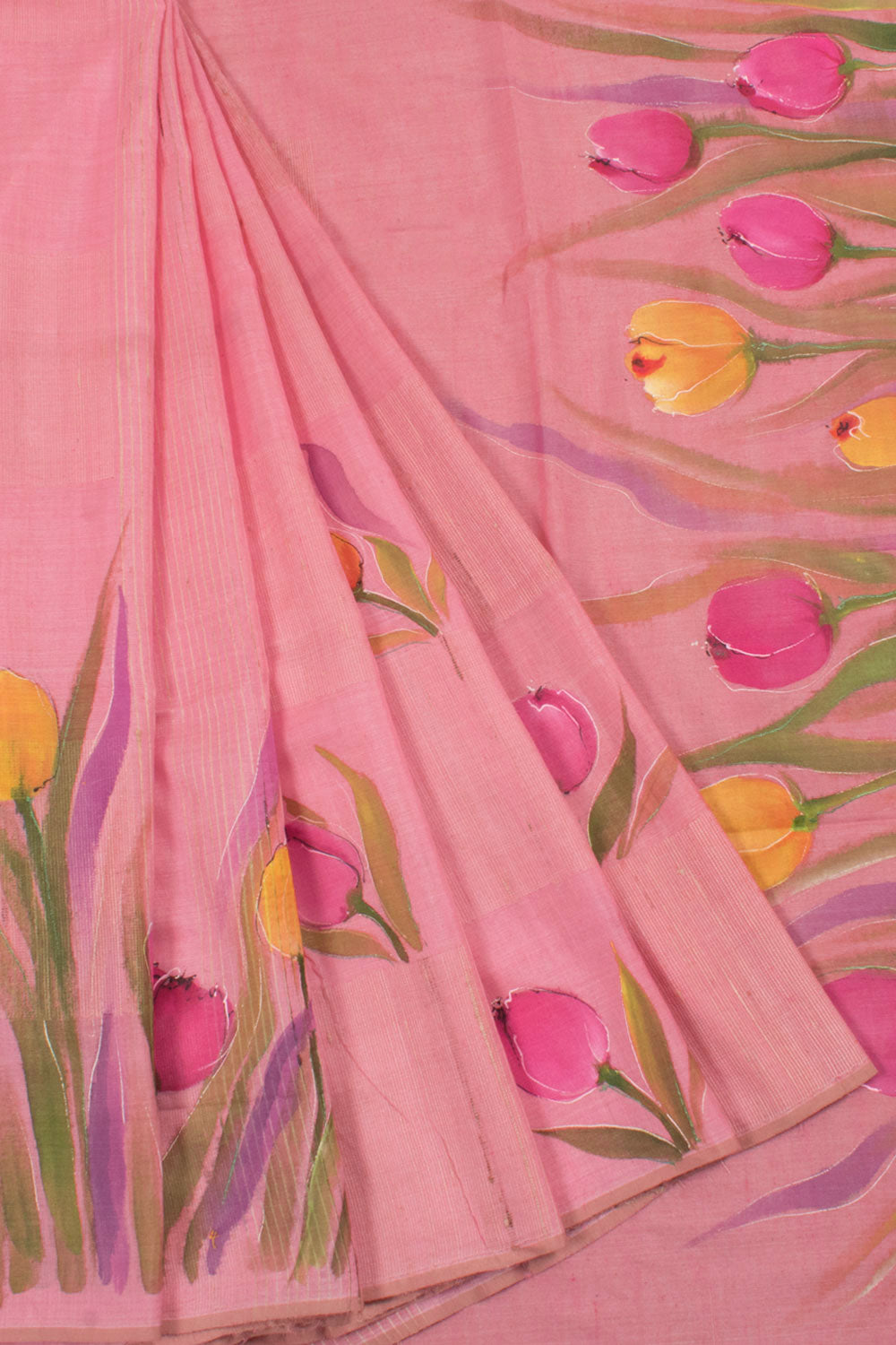 Hand Painted Muga Tussar Silk Saree with Floral Motifs