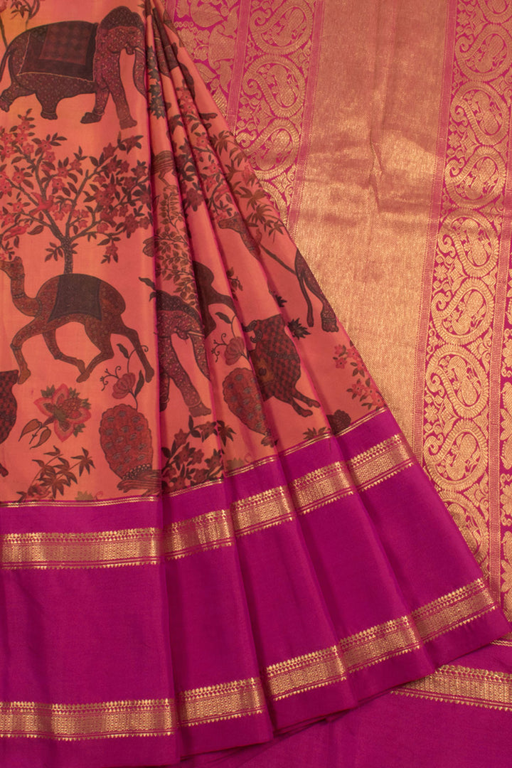 Handloom Kanjivaram Soft Silk Saree with Wildlife Design and Ganga Jamuna Border