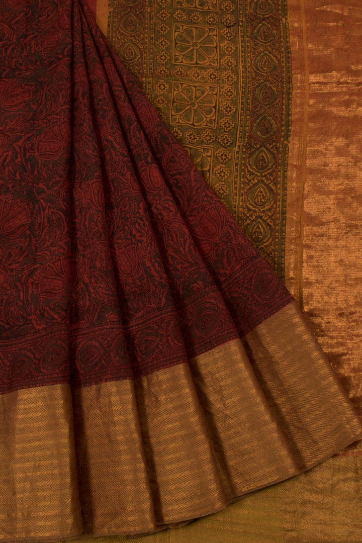 Hand Block Printed Mangalgiri Silk Cotton Saree with Floral Design and Zari Border