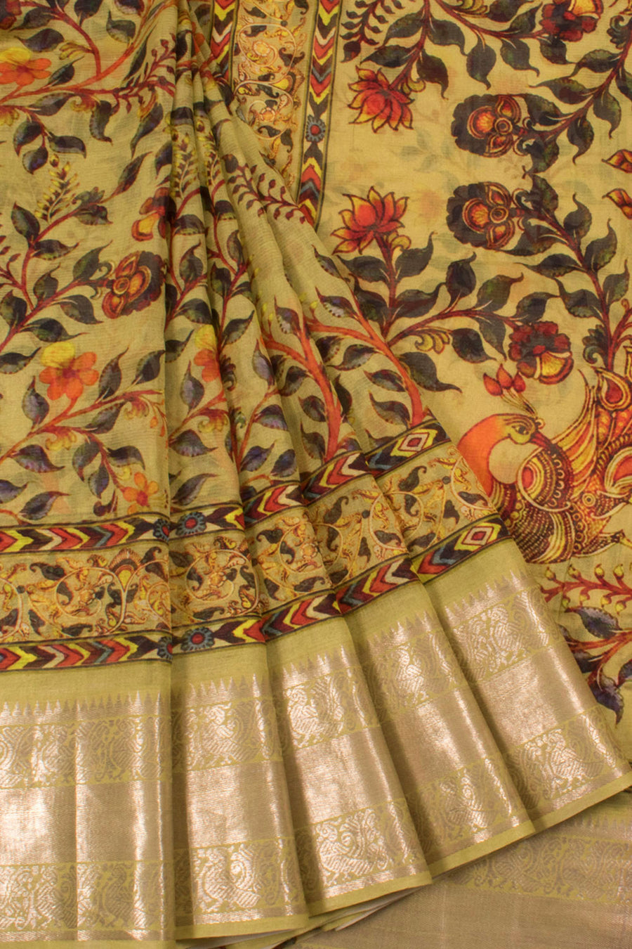 Digital Printed Mangalgiri Silk Cotton Saree with Floral Design and Peacock Pallu