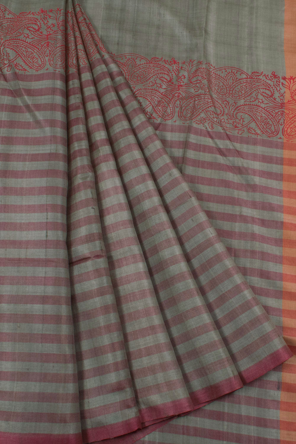 Handloom Half and Half Tussar Silk Saree with Stripes Design and Paisley Printed Blouse