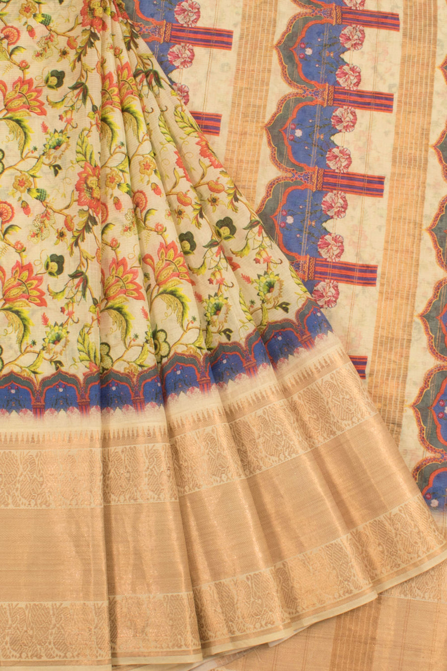 Digital Printed Mangalgiri Silk Saree with Floral Design and Zari Border