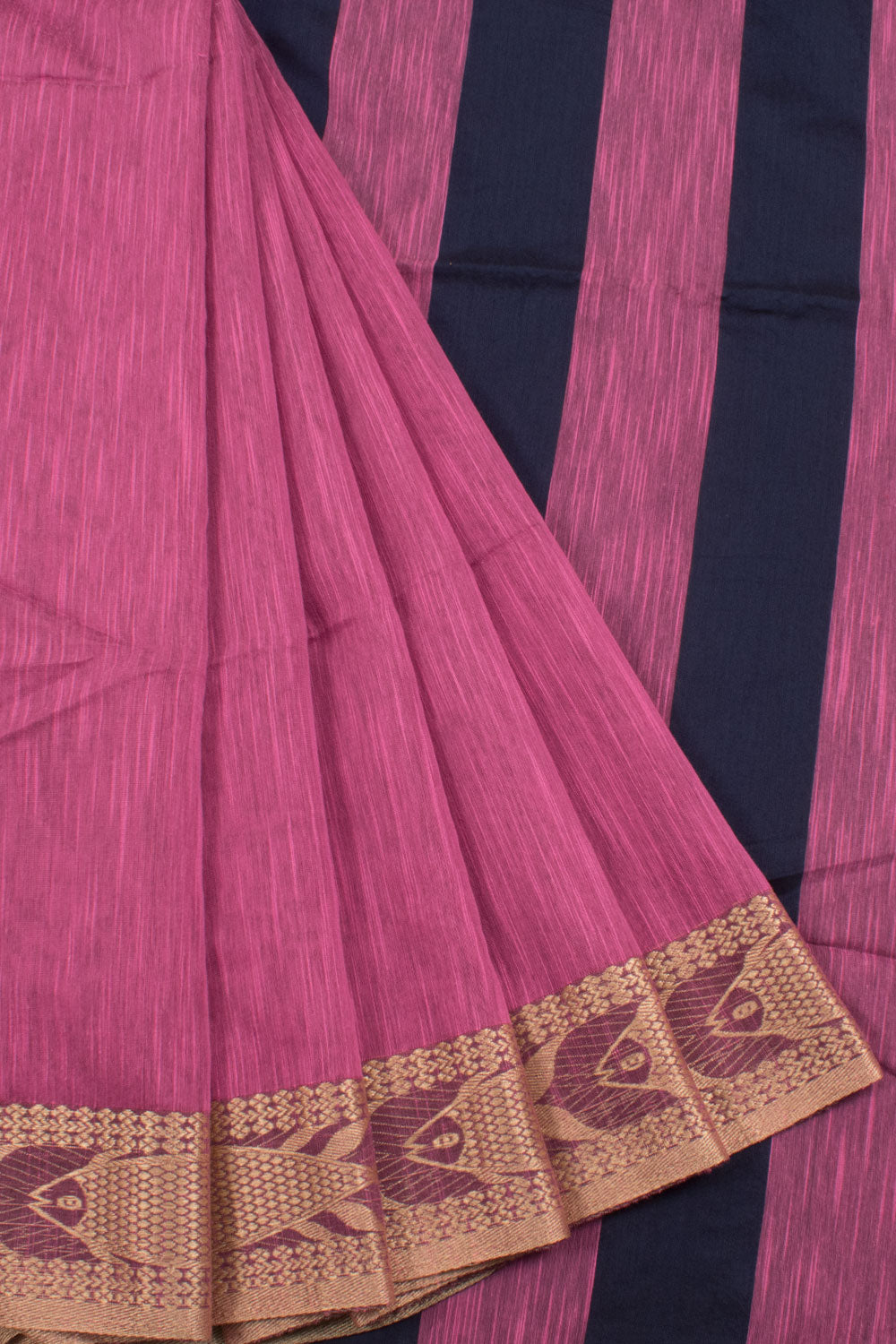 Handloom Bengal Cotton Saree with Golden Fish Motifs Border and Stripes Pallu