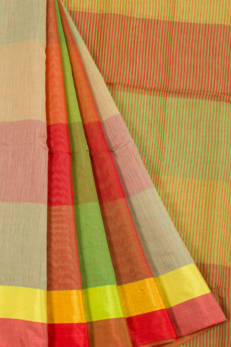 Handloom Multi Colour Square and Stripe Design Bengal Cotton Saree