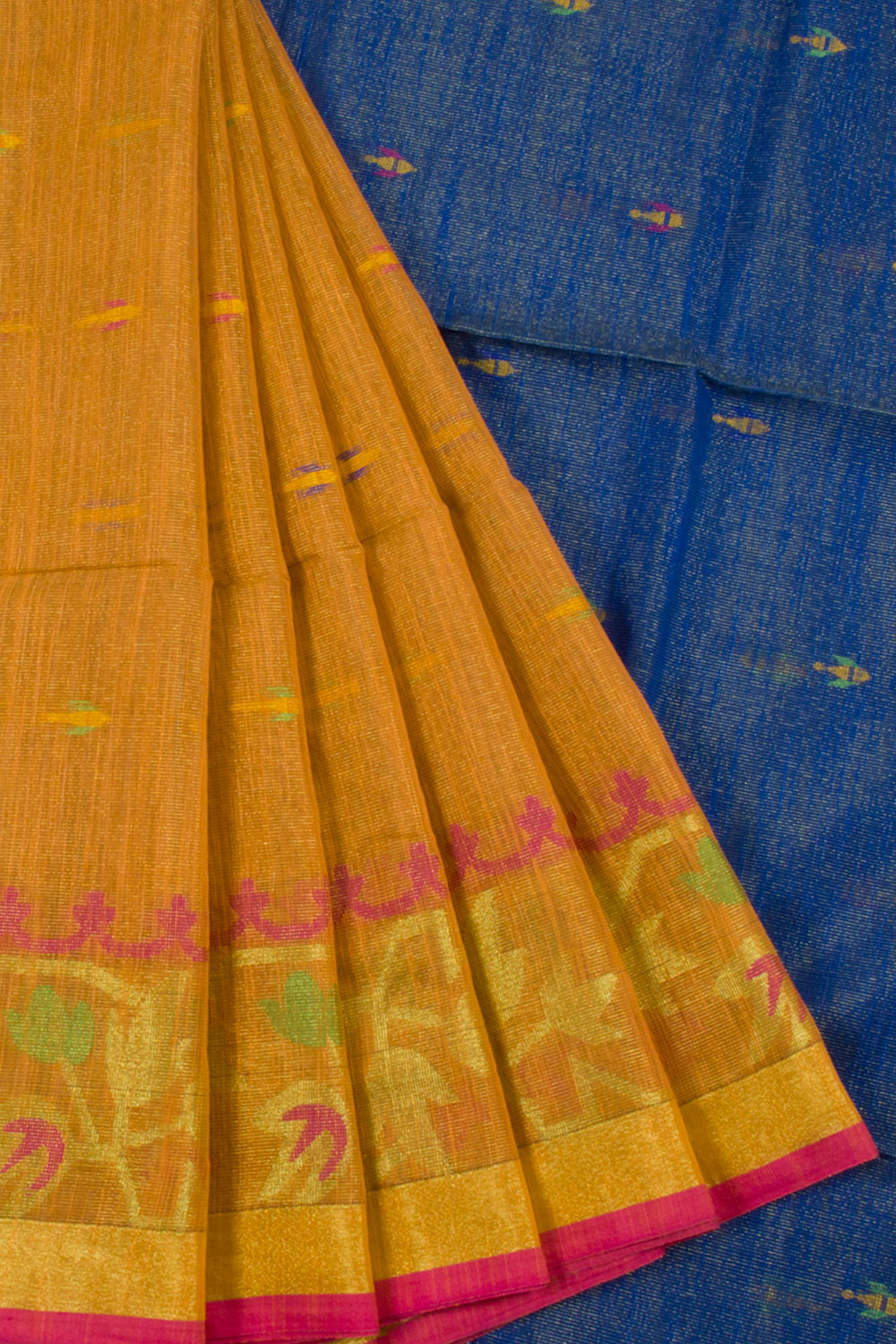Handloom Bengal Cotton Saree with Fish Motifs and Floral Border