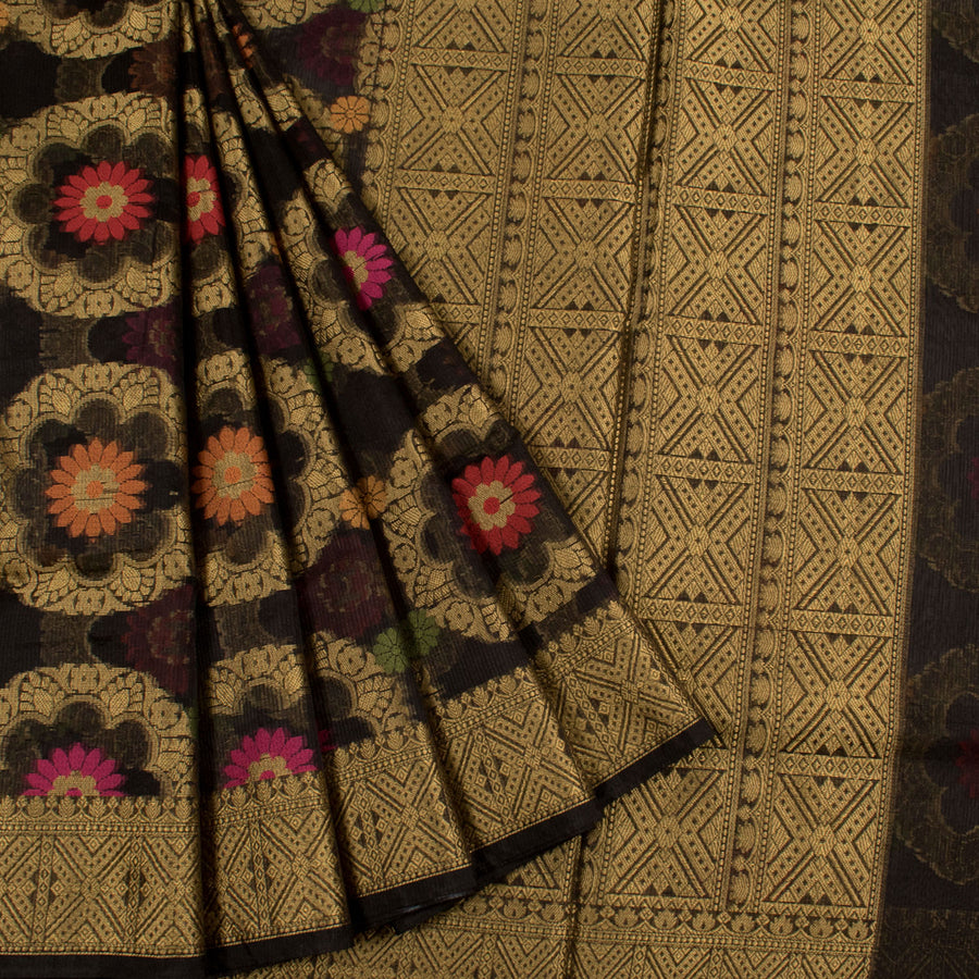 Handwoven Banarasi Katrua Silk Cotton Saree with Floral Circle Motifs 