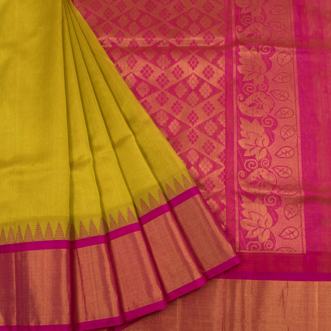 Handwoven Kanchi Silk Cotton Saree with Temple Zari Border and Floral Pallu