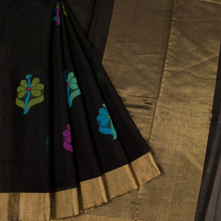 Handwoven Kora Silk Saree with Floral Motifs and Zari Border