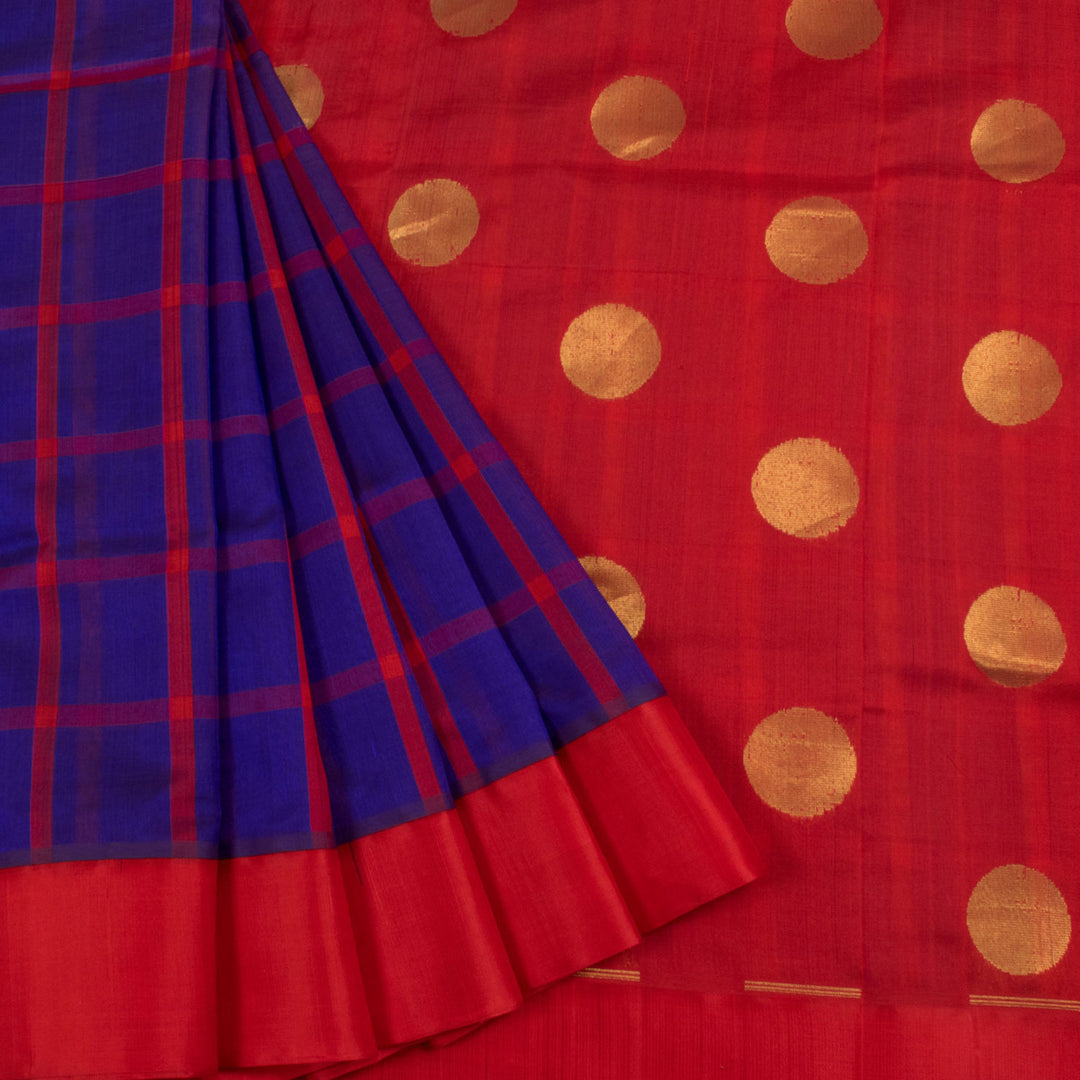 Handwoven Kanchi Silk Cotton Saree with Checks Design and Zari Circle Motifs Pallu