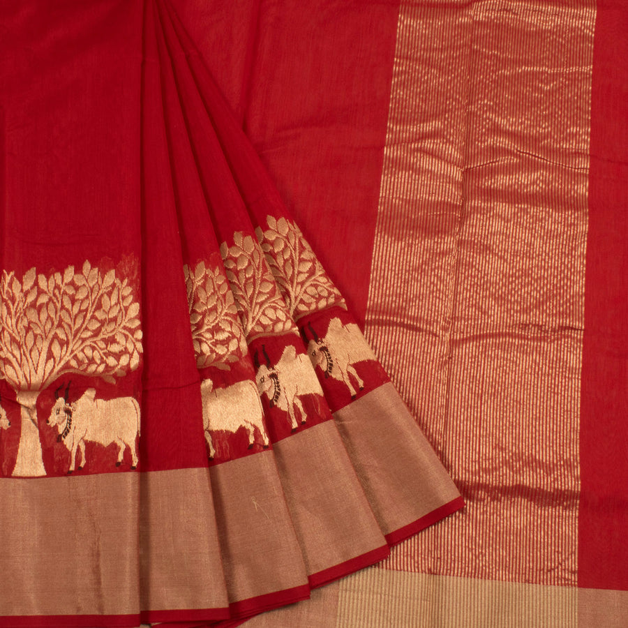 Handwoven Chanderi Silk Cotton Saree With Tree And Cow Motifs Border