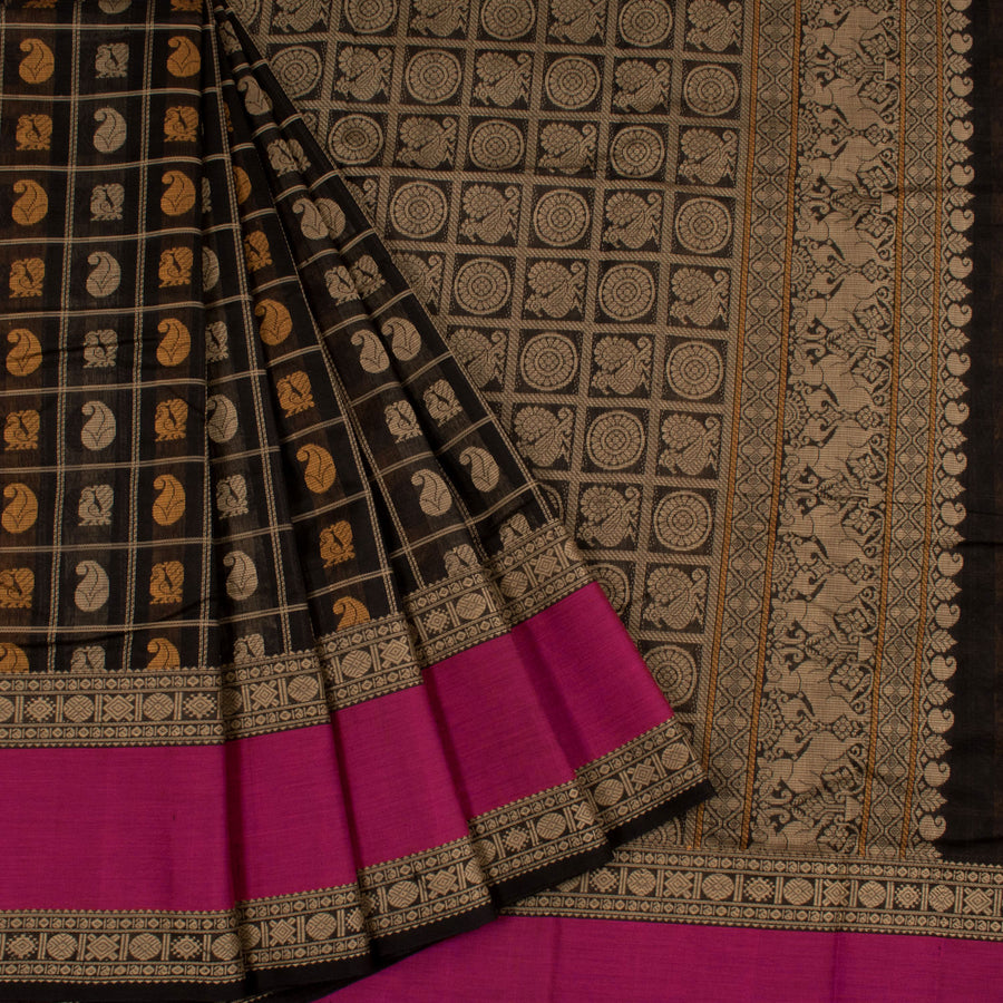 Handwoven Kanchi Silk Cotton Saree with Checks Design Paisley Peacock Motifs and Thandavalam Border
