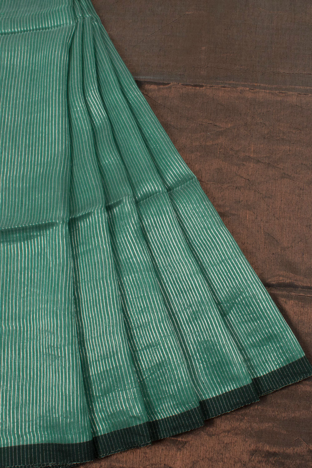 Handloom Linen Silk Saree with Silver Zari Stripes Design and Copper Tone Zari Pallu