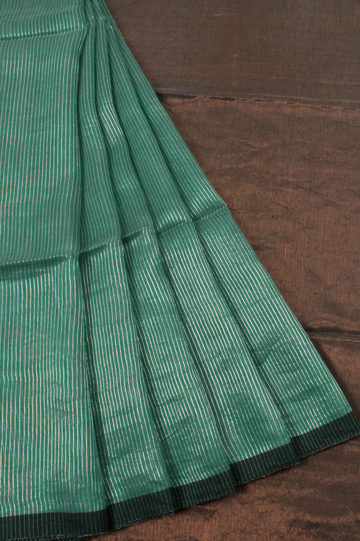 Handloom Linen Silk Saree with Silver Zari Stripes Design and Copper Tone Zari Pallu