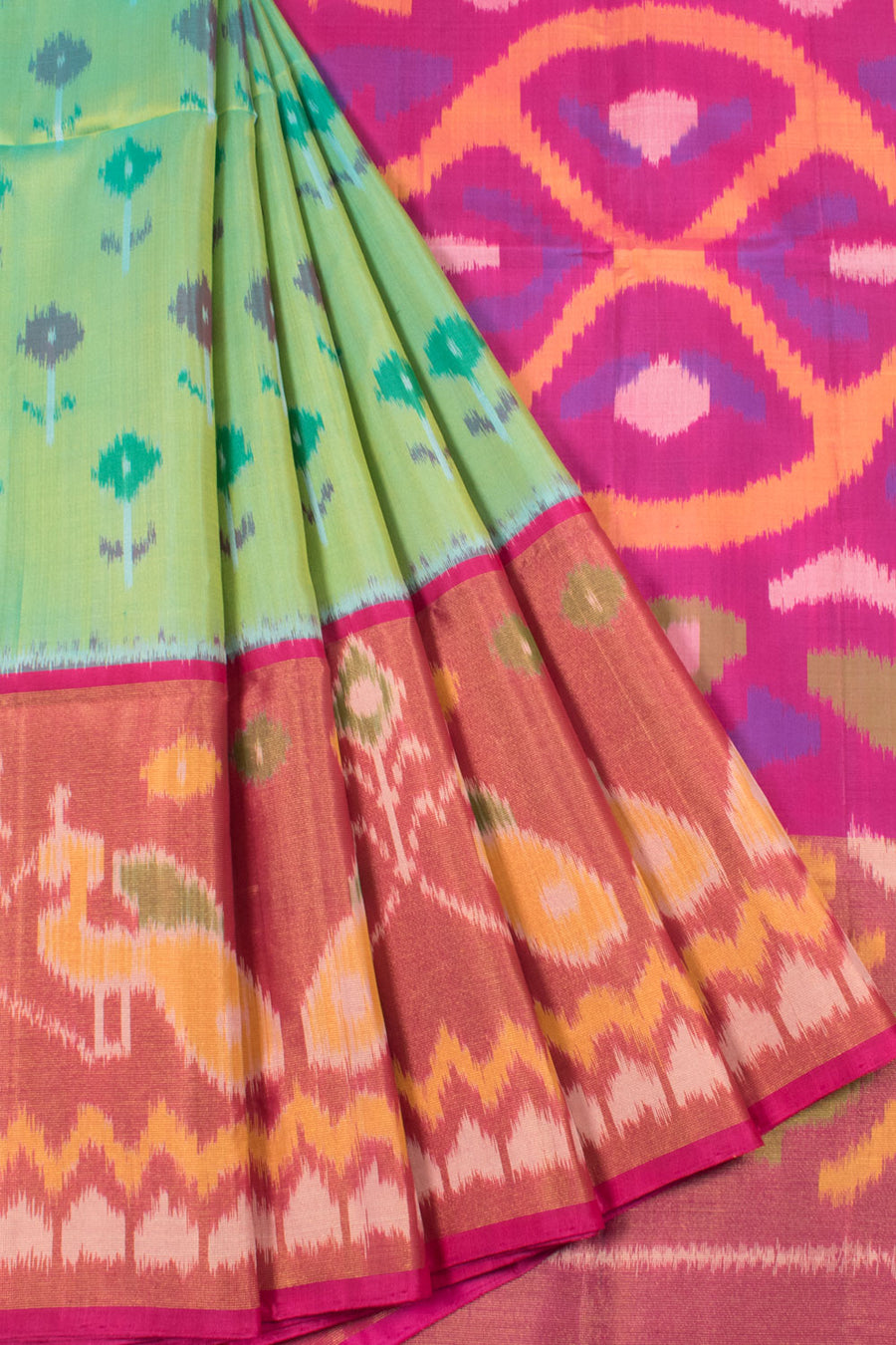 Handloom Kanjivaram Ikat Soft Silk Saree with Floral Motifs, Peacock Motifs and Zari Border 