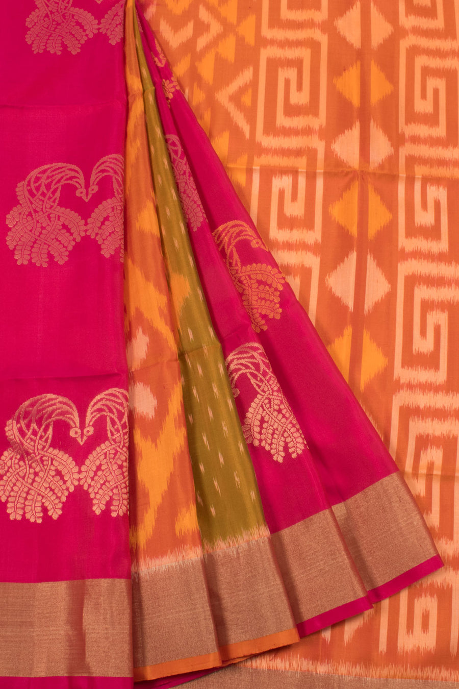 Handloom Kanjivaram Ikat Soft Silk Saree with Peacock Motifs and Zari Border
