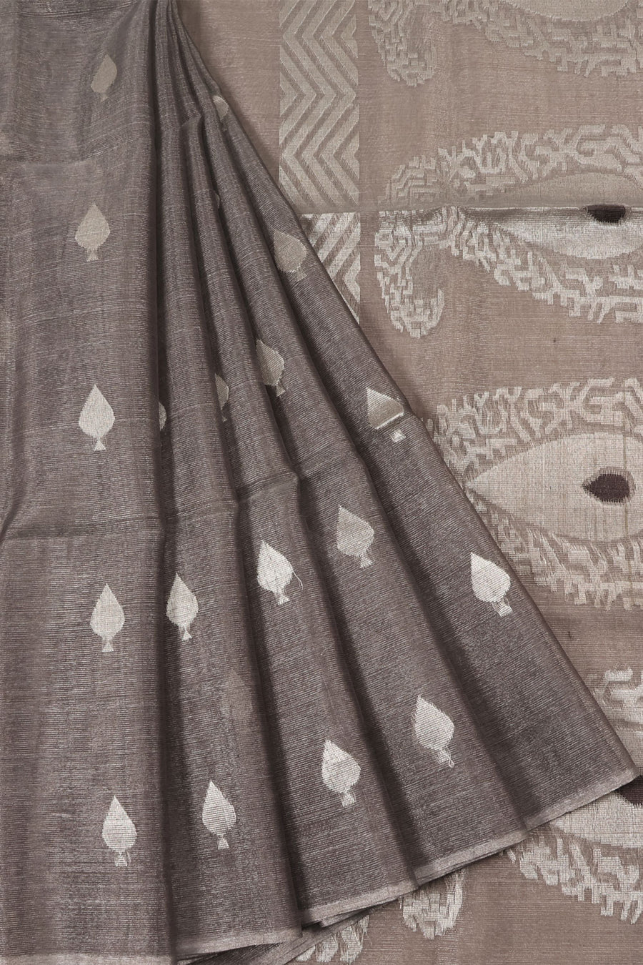 Borderless Tissue Silk Saree with Leaf Motifs and Paisley Motifs Pallu 