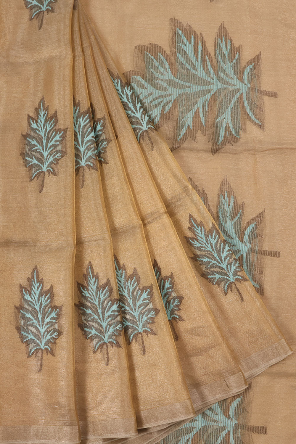 Handloom Borderless Tissue Silk Saree with Leaf Motifs Design and Pallu 