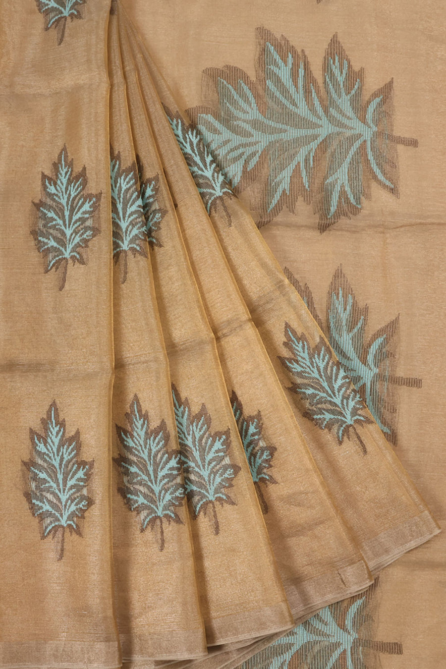 Handloom Borderless Tissue Silk Saree with Leaf Motifs Design and Pallu 