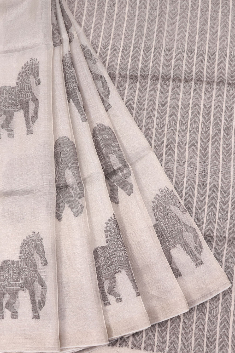 Handloom Tissue Silk Saree with Elephant and Horse Motifs and Chevron Thread Work Pallu 