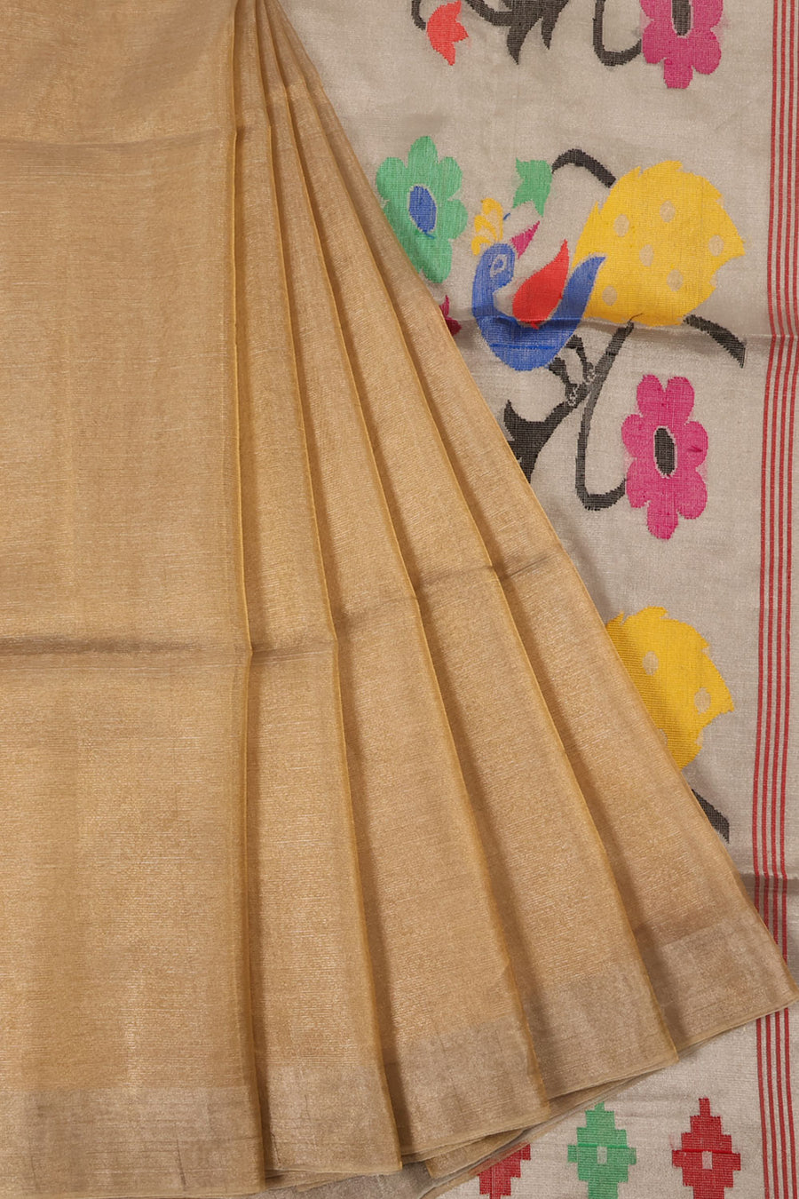 Handloom Tissue Silk Saree with Floral and Parrot Motif Paithani Pallu