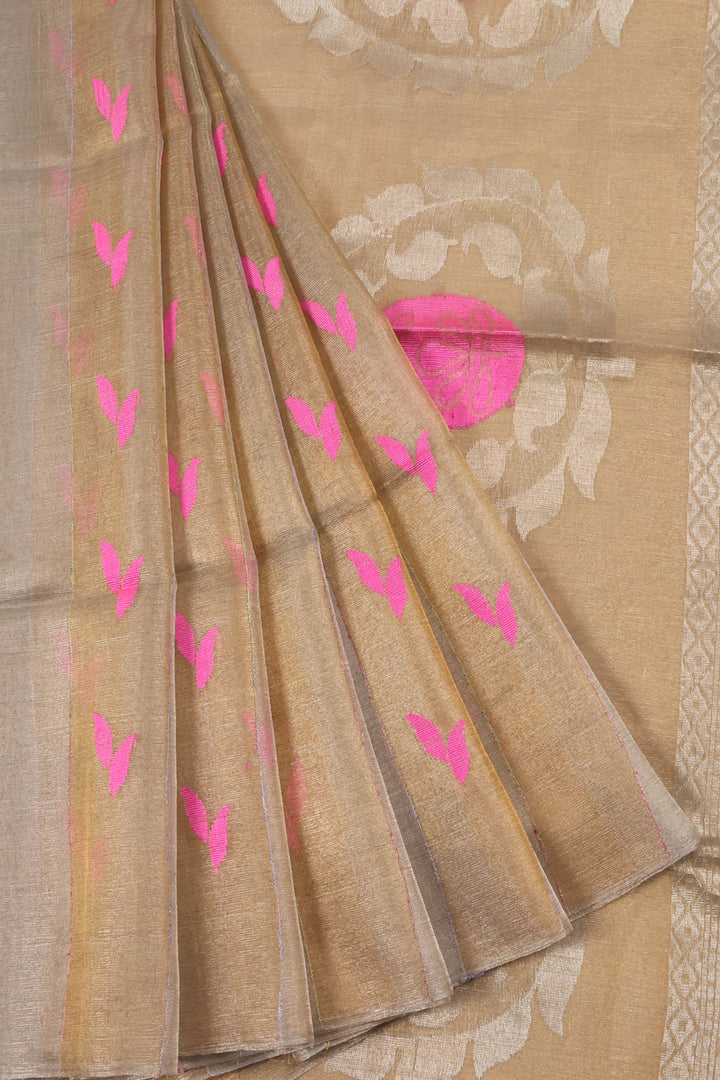 Handloom Borderless Tissue Silk Saree with Leaf Motifs and Meenakari Paisley Motif Pallu