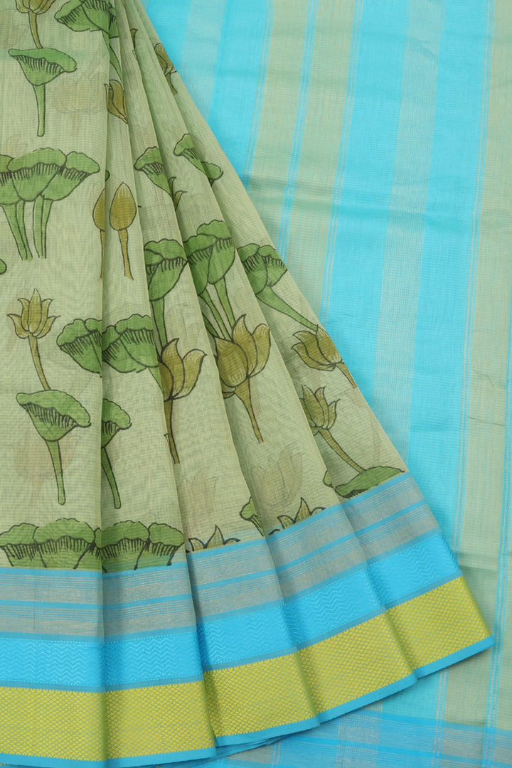 Hand Block Printed Maheshwari Silk Cotton Saree with Lotus Motifs and Zari Stripes Pallu 