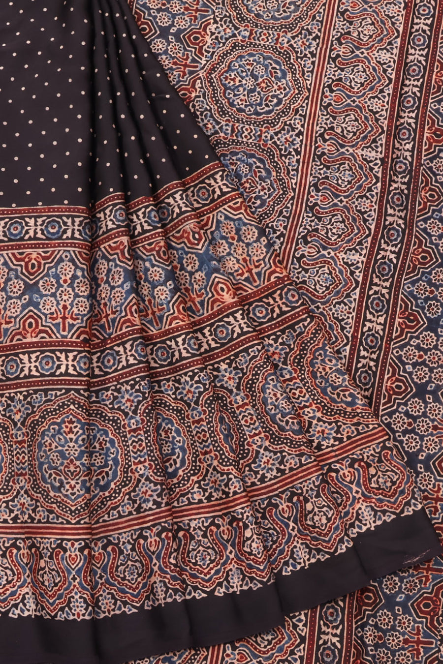 Hand Block Printed Ajrakh Silk Saree with Floral Motifs Design and Pallu