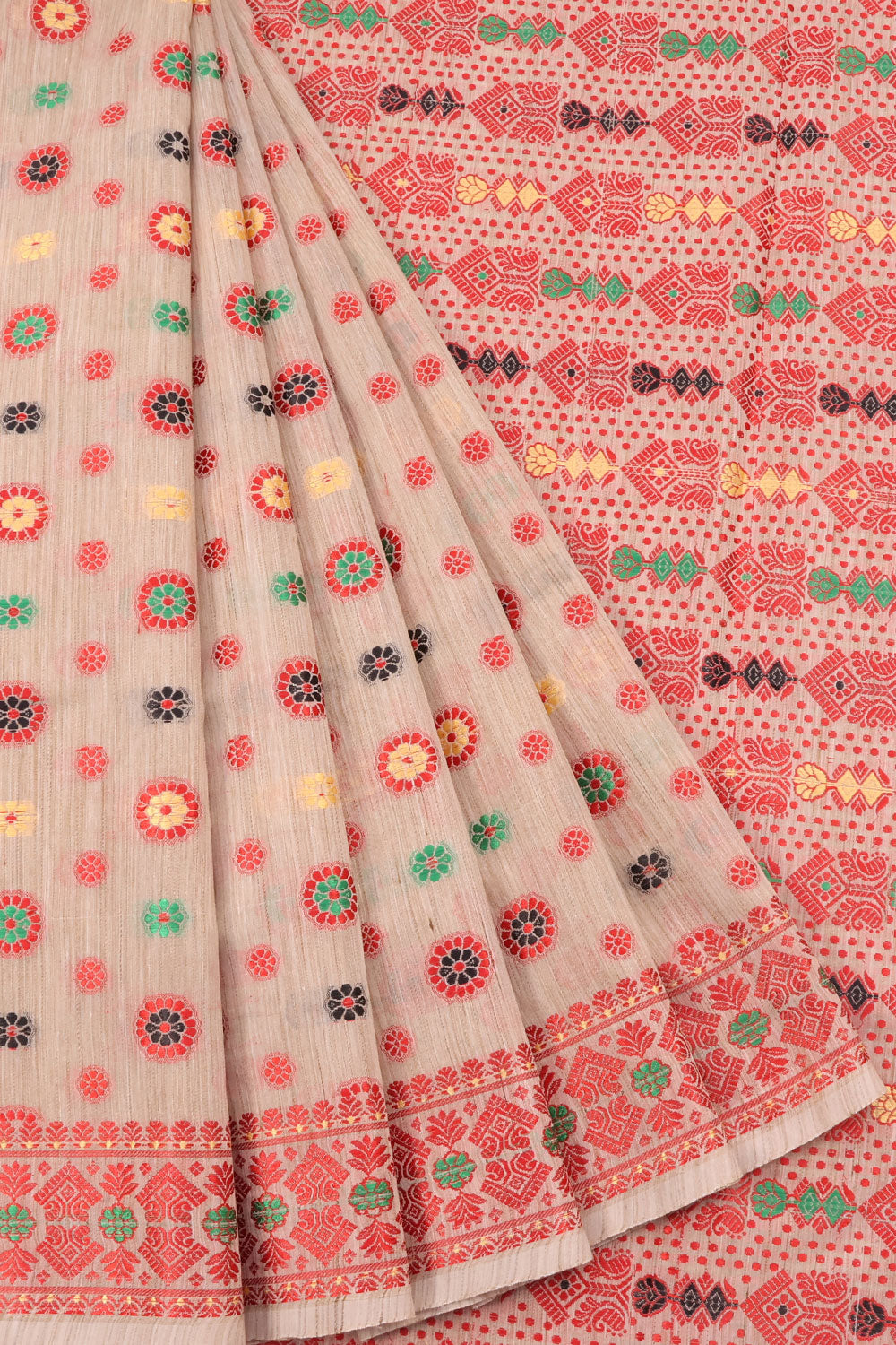 Assam Eri Silk Cotton Saree with Meenakari Floral Motifs and Embroidered Pallu