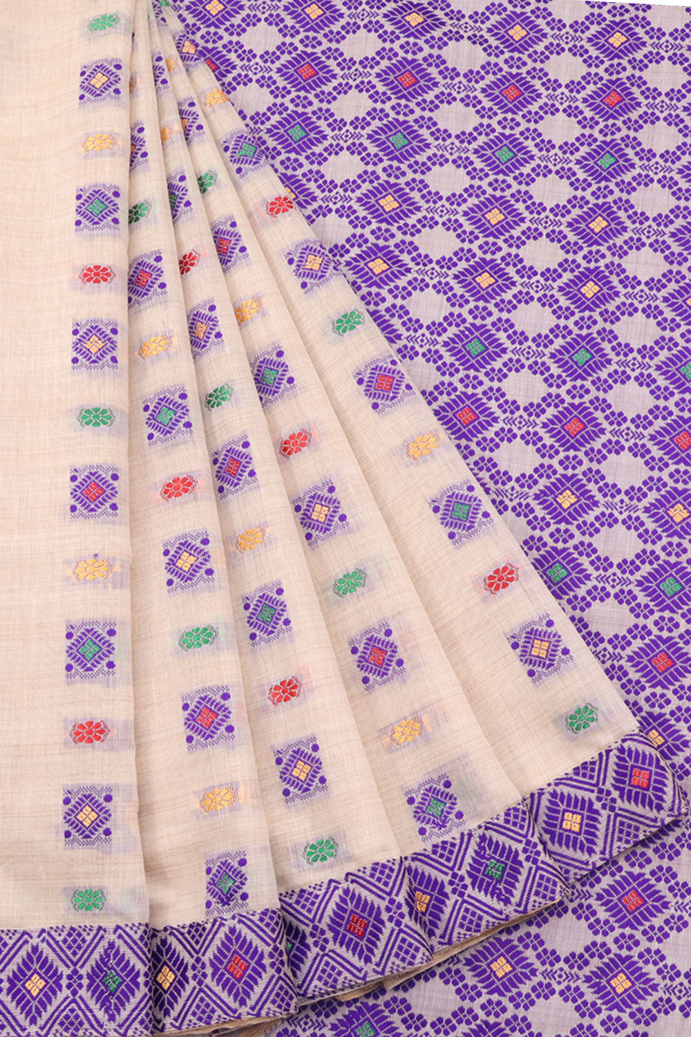Handloom Assam Silk Cotton Saree with Floral Motifs Design and Diamond Design Embroidered Pallu