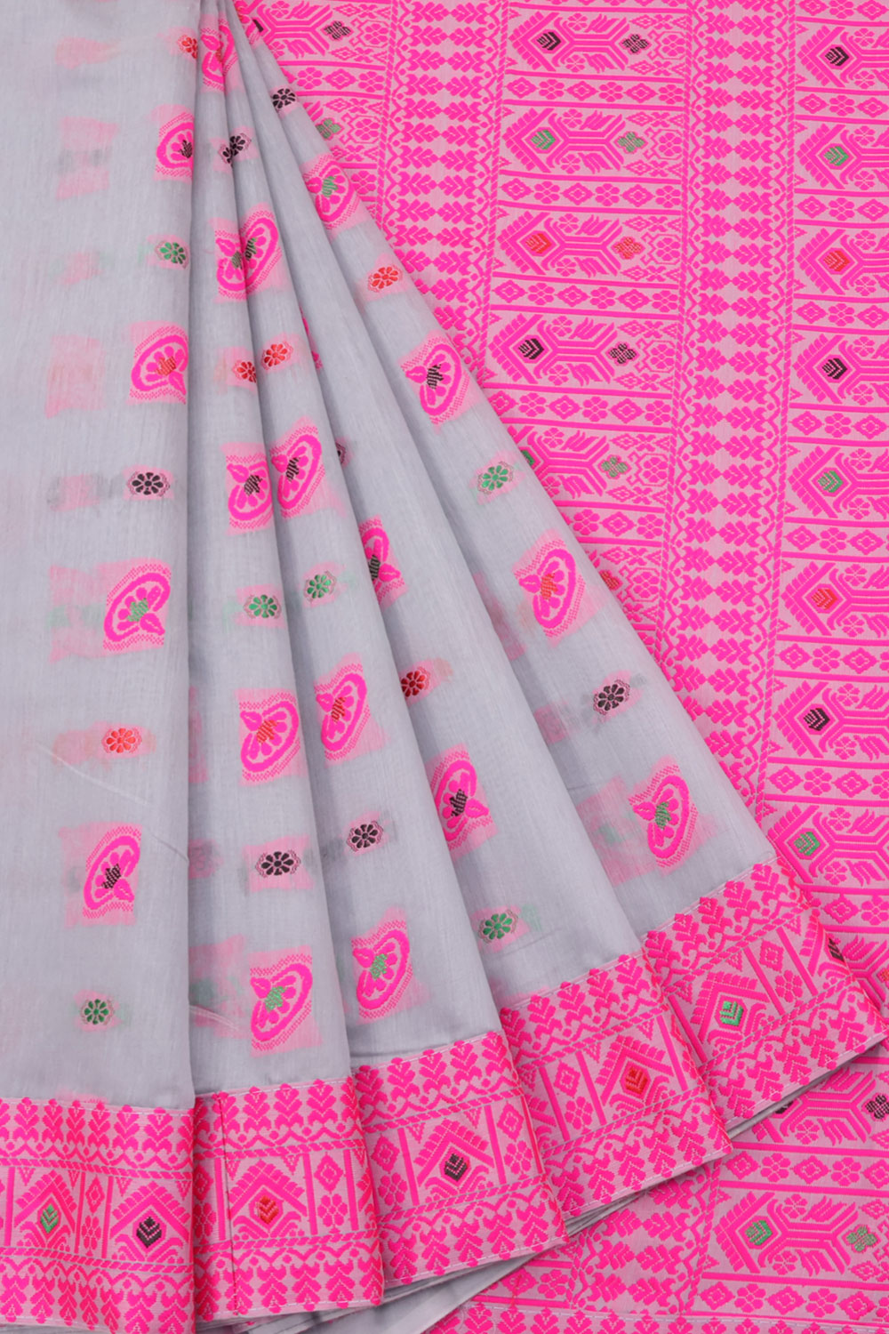 Assam Eri Silk Cotton Saree with Floral Motifs Design and Embroidered Pallu 