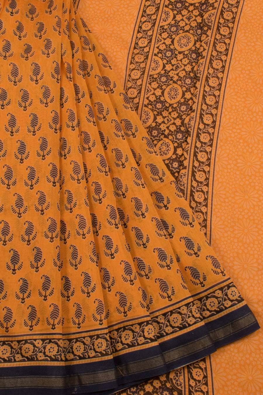 Hand Block Printed Chanderi Silk Cotton Saree with Paisley Motifs 