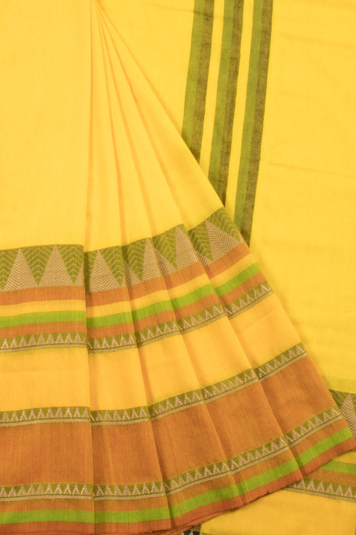 Yellow Handloom Bengal Cotton Saree with Stripes Design Pallu