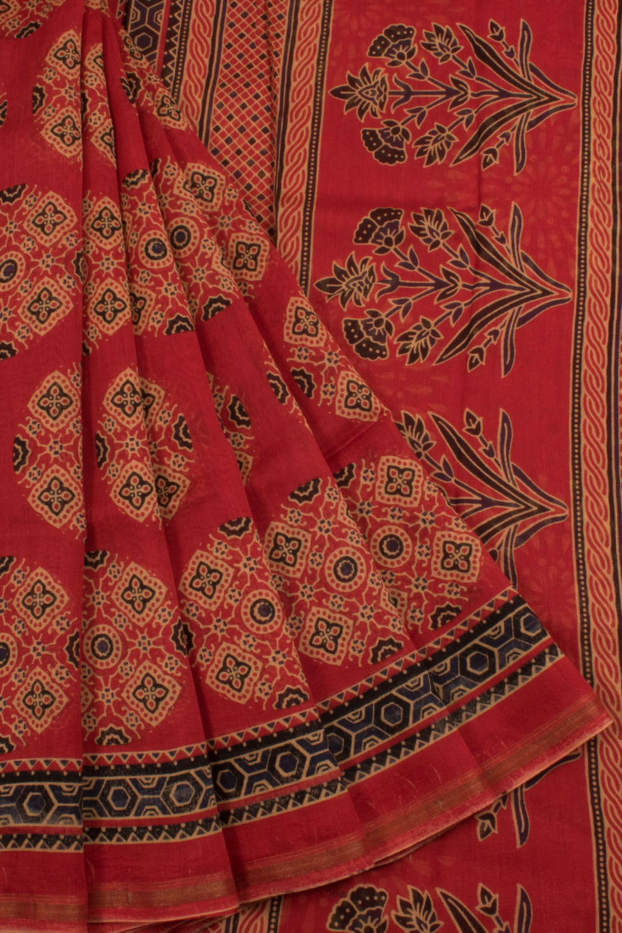 Hand Block Printed Chanderi Silk Cotton Saree with Floral, Geometric Motifs 