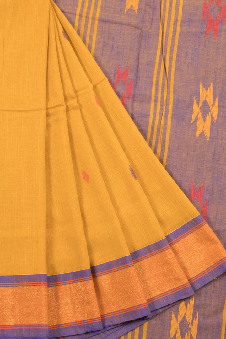 Mustard yellow Handloom Bengal Cotton Saree with Geometric Motifs, Ganga Jamuna Border and Geometric Stripes Design Pallu