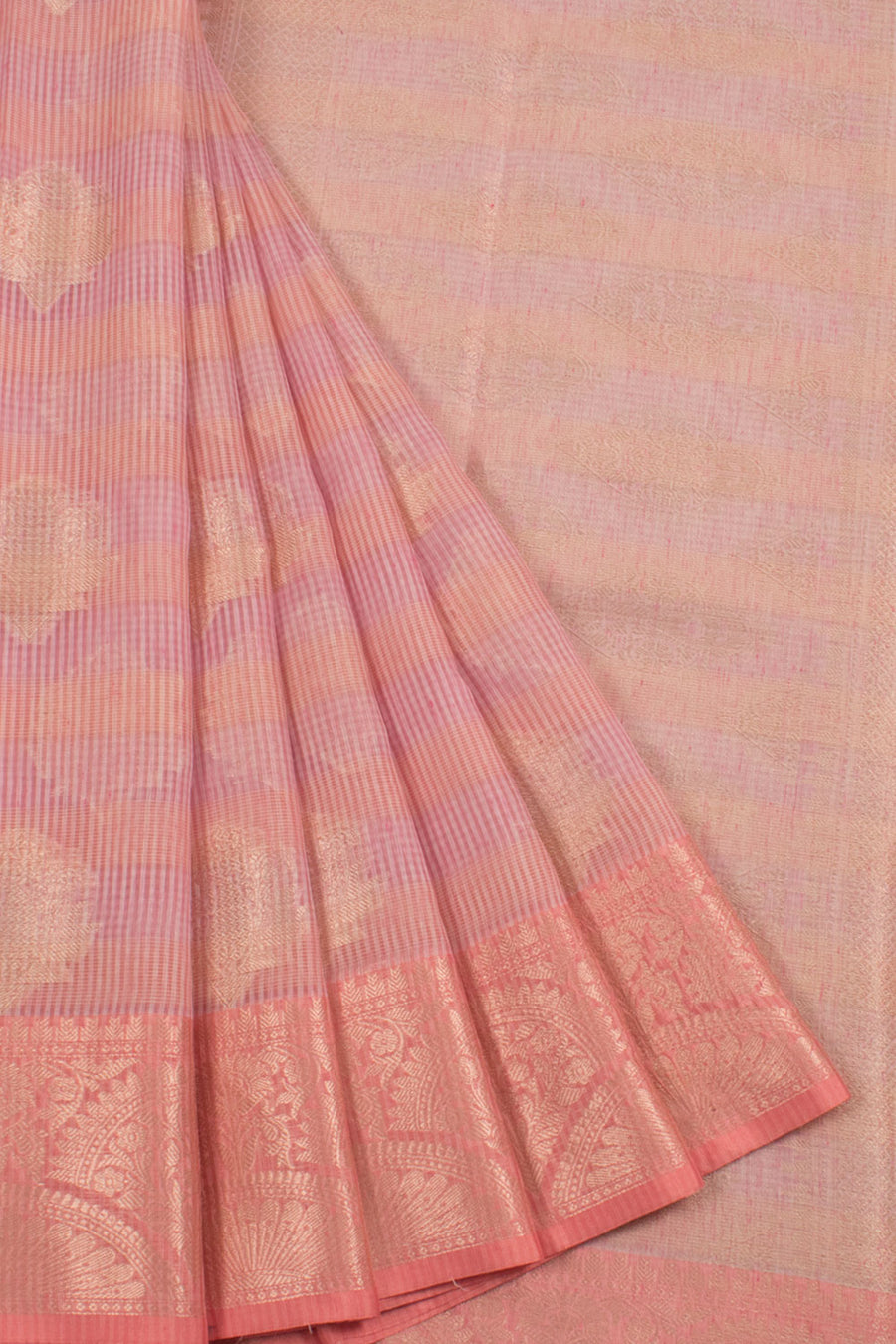 Banarasi Cotton Saree with Stripes Design and Floral Motifs