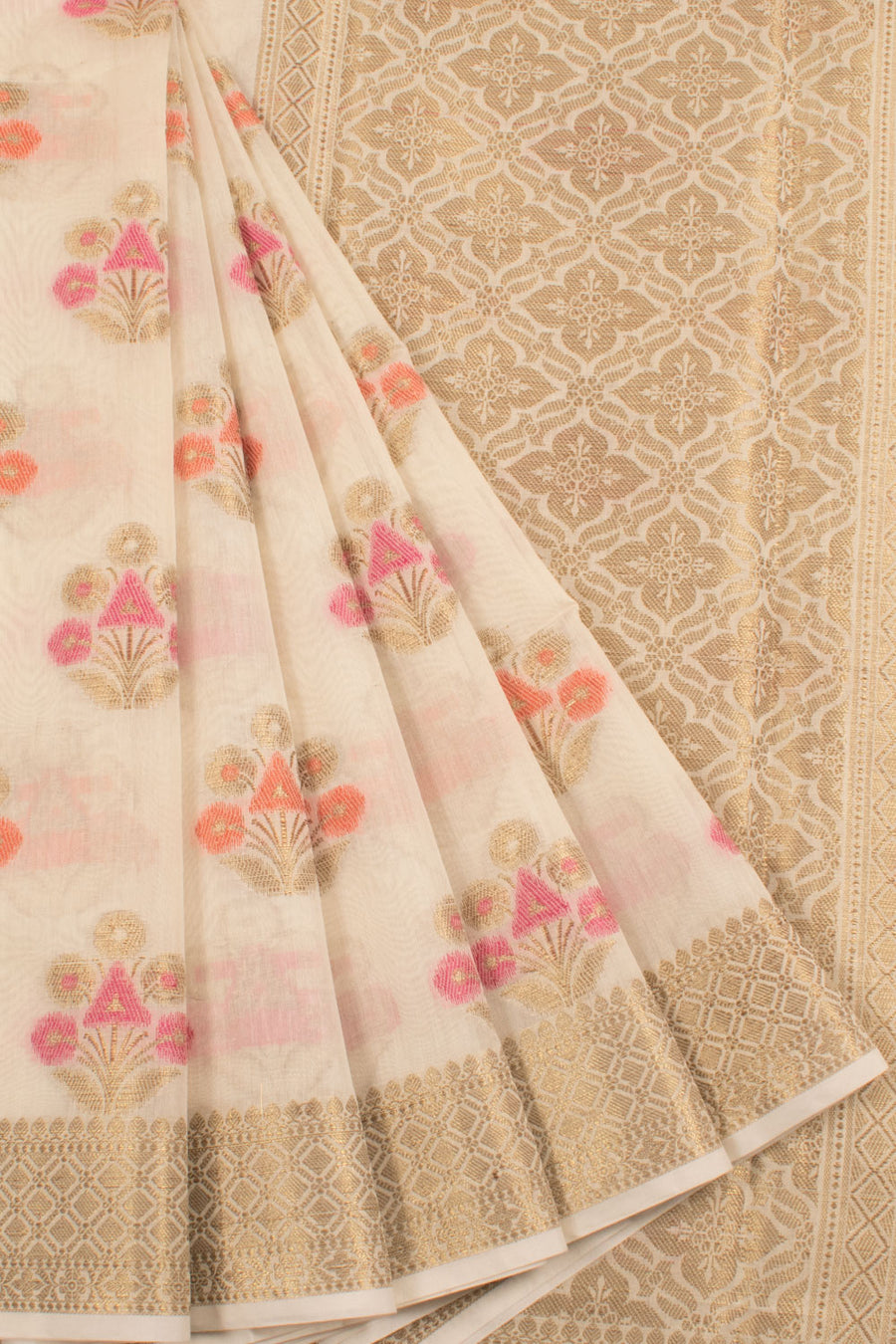 Banarasi Cotton Saree with Meenakari Floral Motifs, Diamond Border and Brocade Blouse