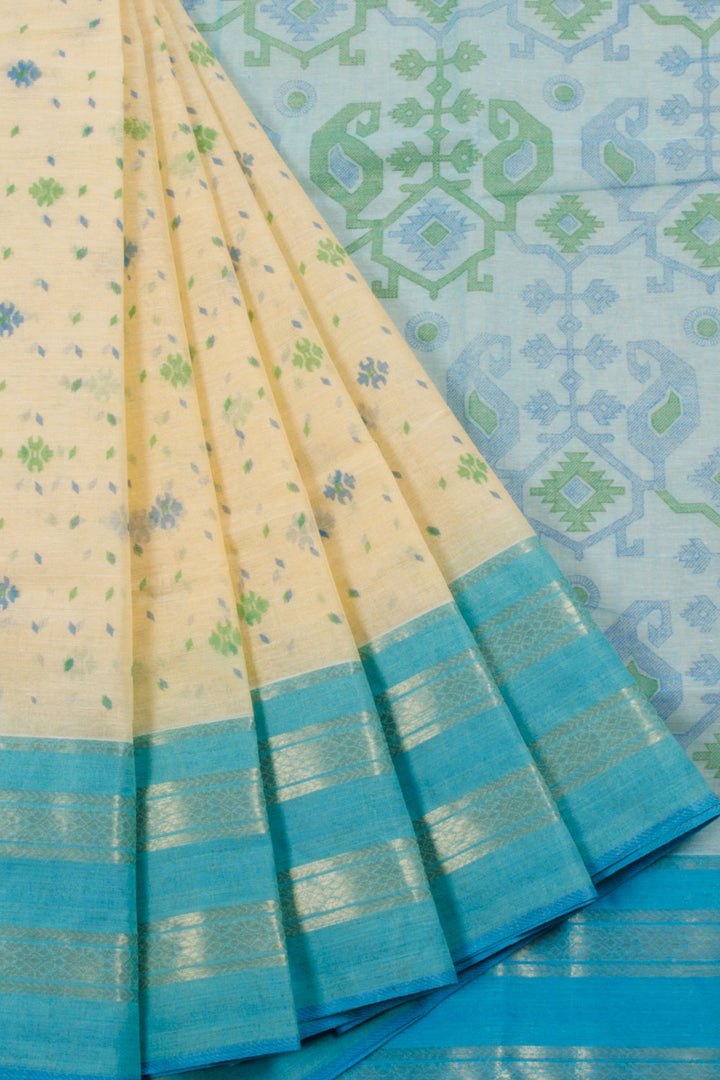 Cream Handwoven Bengal Tant Cotton Saree with Floral Motifs, Floral Border, Paisley Floral Design Pallu and without Blouse