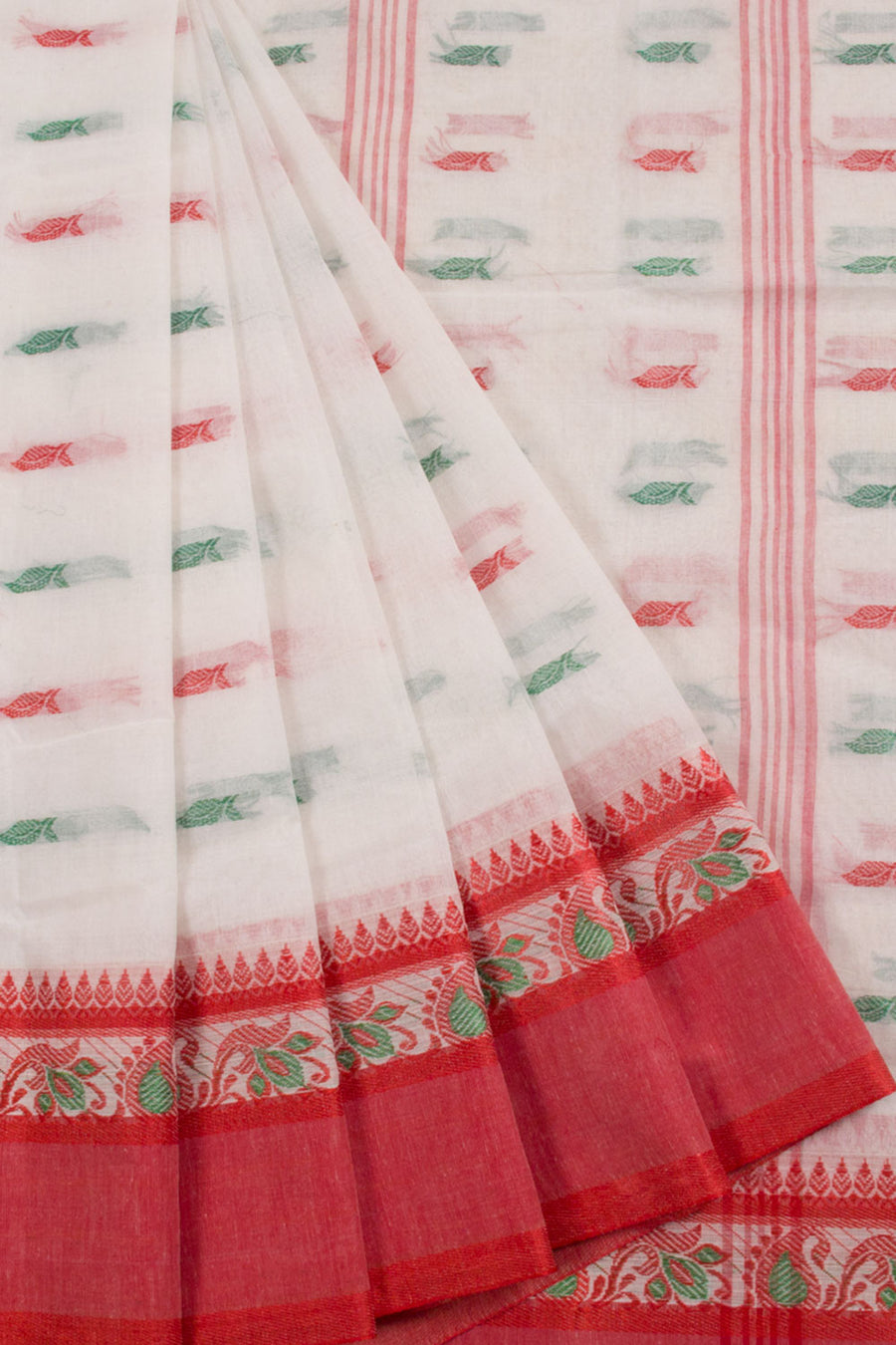 Handwoven Bengal Tant Cotton Saree with Floral Motifs, Floral Paisley Border and Floral stripes Design Pallu