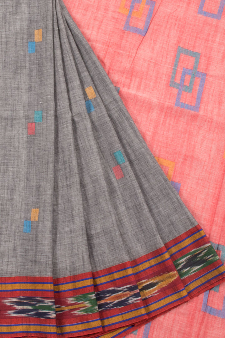 Taupe Grey Handloom Bengal Cotton Saree with Geometric Motifs, Ikat Border and Geometric Design Pallu