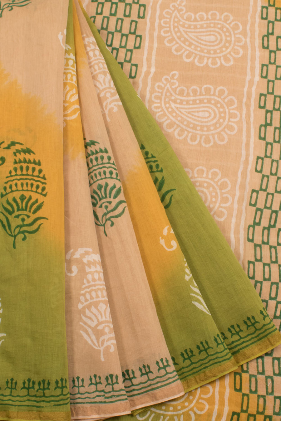 Hand Block Printed Chanderi Silk Cotton Saree with Paisley Motifs